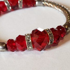Vintage Ruby Red Crystal Bead Roundels Silver Plate Metal Twist Stretch Bracelet